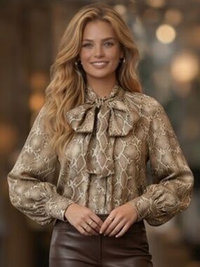 NWOT Bailey 44 Python Snake Print Bow Neck Blouse Shirt Top Size LARGE